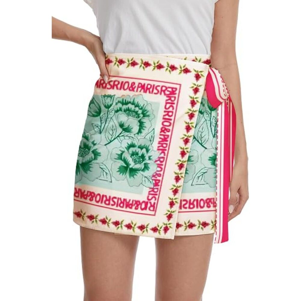 Floral Wrap Mini Skirt Tie Side A-Line High Waist Boho Vacation Beach (XL)